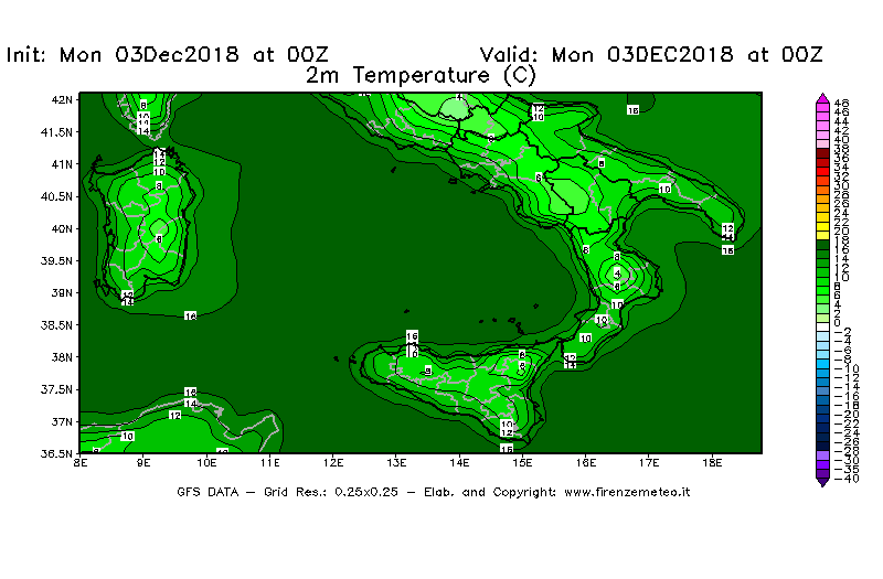 Mappa di analisi GFS - Temperatura a 2 metri dal suolo [°C] in Sud-Italia
							del 03/12/2018 00 <!--googleoff: index-->UTC<!--googleon: index-->