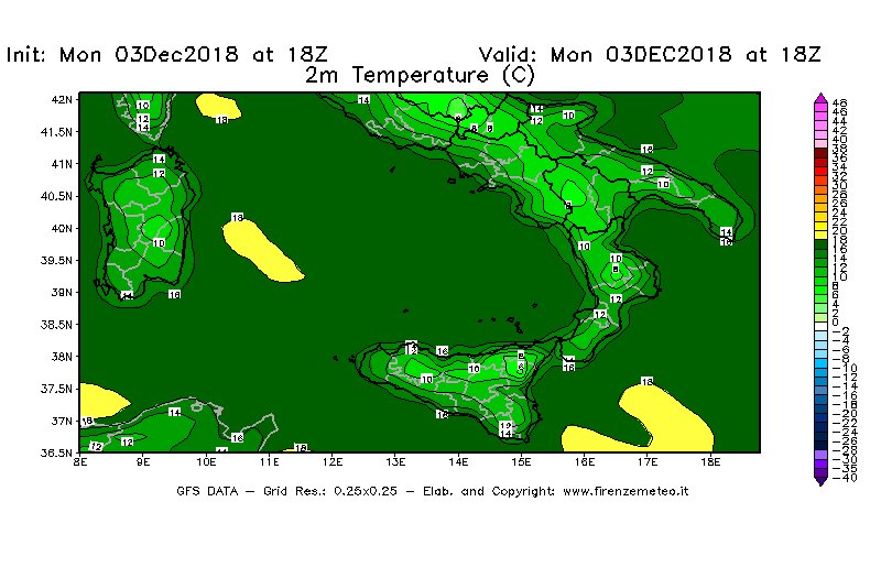 Mappa di analisi GFS - Temperatura a 2 metri dal suolo [°C] in Sud-Italia
							del 03/12/2018 18 <!--googleoff: index-->UTC<!--googleon: index-->