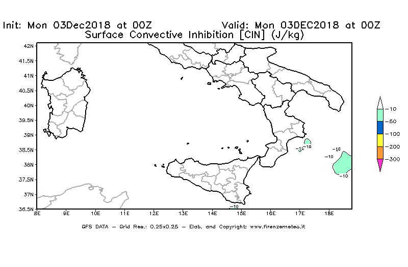 Mappa di analisi GFS - CIN [J/kg] in Sud-Italia
							del 03/12/2018 00 <!--googleoff: index-->UTC<!--googleon: index-->