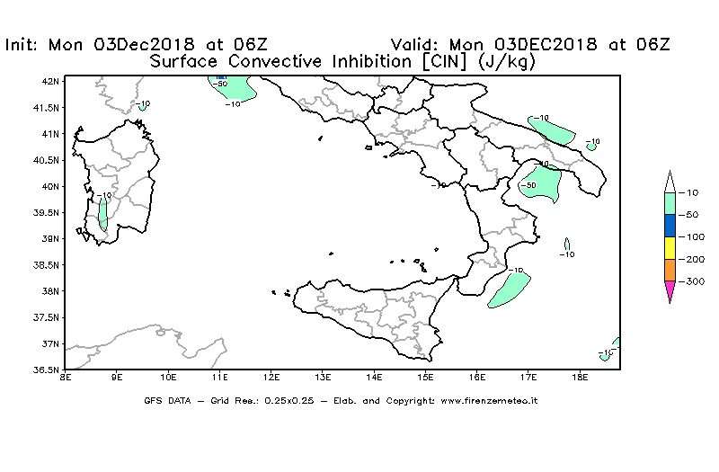 Mappa di analisi GFS - CIN [J/kg] in Sud-Italia
							del 03/12/2018 06 <!--googleoff: index-->UTC<!--googleon: index-->