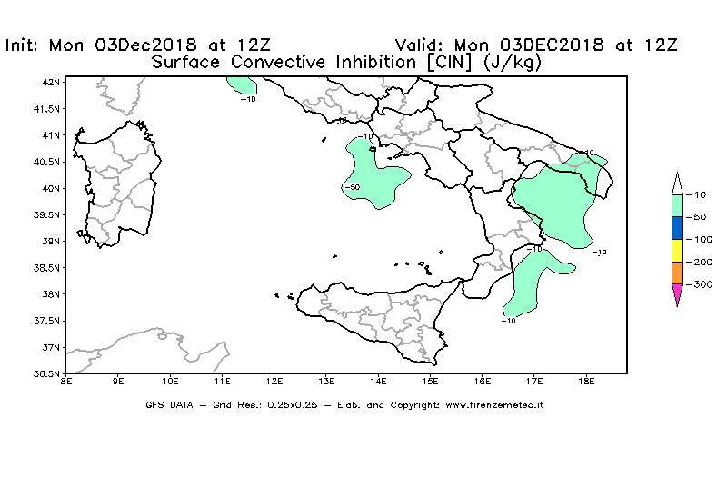 Mappa di analisi GFS - CIN [J/kg] in Sud-Italia
							del 03/12/2018 12 <!--googleoff: index-->UTC<!--googleon: index-->