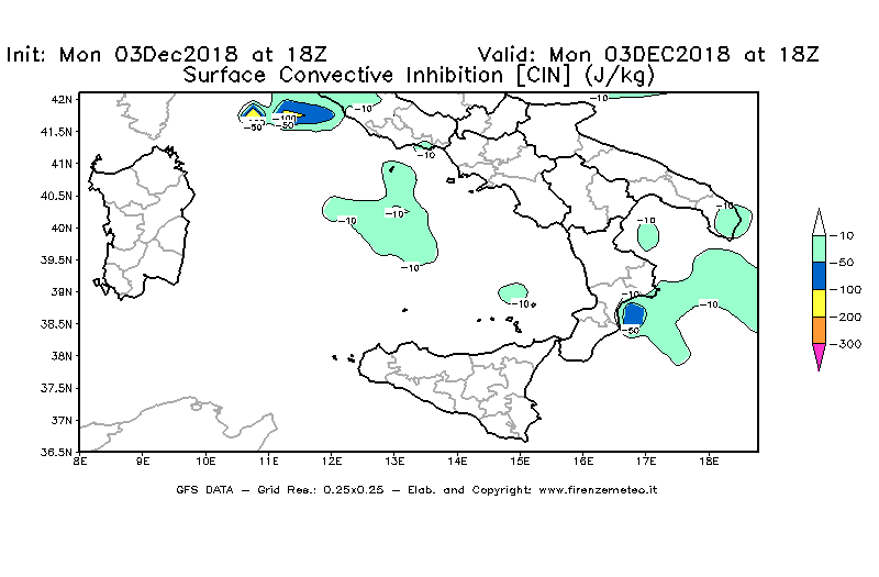 Mappa di analisi GFS - CIN [J/kg] in Sud-Italia
							del 03/12/2018 18 <!--googleoff: index-->UTC<!--googleon: index-->