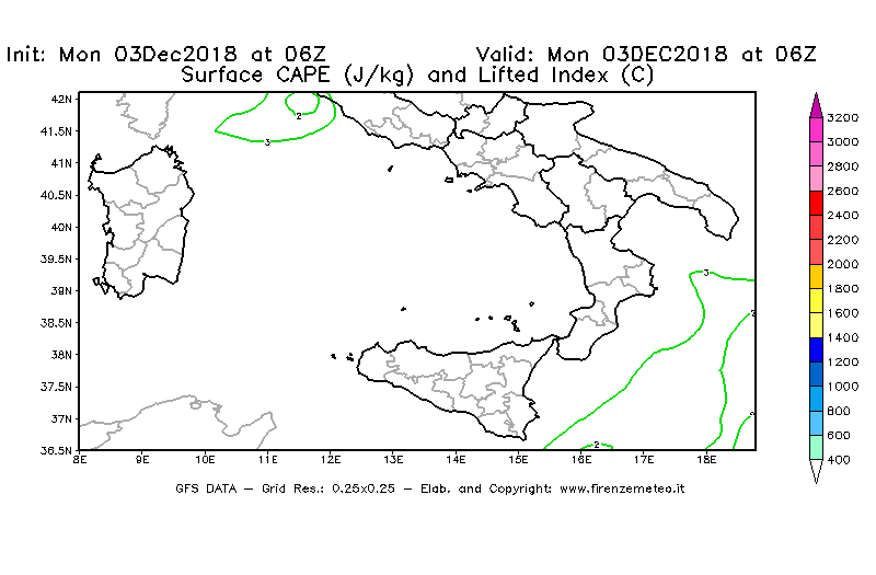 Mappa di analisi GFS - CAPE [J/kg] e Lifted Index [°C] in Sud-Italia
							del 03/12/2018 06 <!--googleoff: index-->UTC<!--googleon: index-->