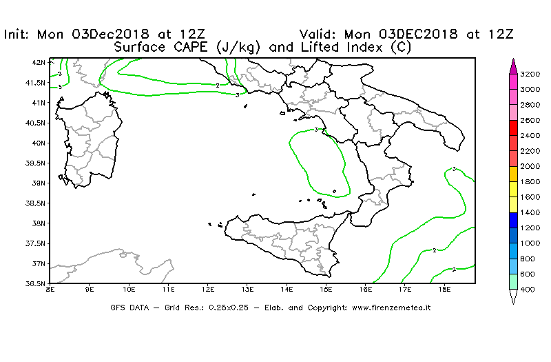 Mappa di analisi GFS - CAPE [J/kg] e Lifted Index [°C] in Sud-Italia
							del 03/12/2018 12 <!--googleoff: index-->UTC<!--googleon: index-->