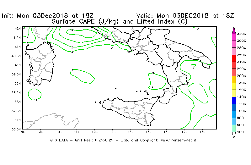 Mappa di analisi GFS - CAPE [J/kg] e Lifted Index [°C] in Sud-Italia
							del 03/12/2018 18 <!--googleoff: index-->UTC<!--googleon: index-->