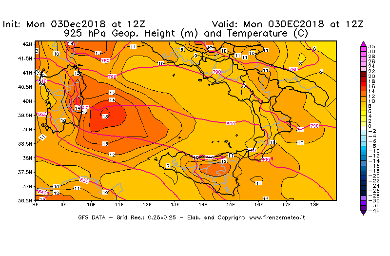 Mappa di analisi GFS - Geopotenziale [m] e Temperatura [°C] a 925 hPa in Sud-Italia
							del 03/12/2018 12 <!--googleoff: index-->UTC<!--googleon: index-->