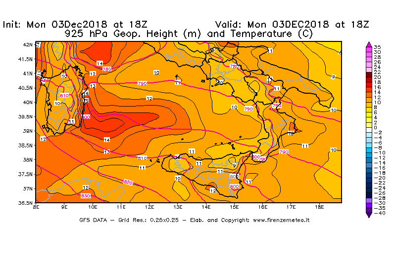 Mappa di analisi GFS - Geopotenziale [m] e Temperatura [°C] a 925 hPa in Sud-Italia
							del 03/12/2018 18 <!--googleoff: index-->UTC<!--googleon: index-->