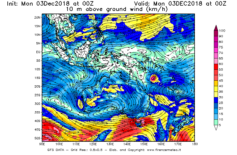 Mappa di analisi GFS - Velocità del vento a 10 metri dal suolo [km/h] in Oceania
							del 03/12/2018 00 <!--googleoff: index-->UTC<!--googleon: index-->