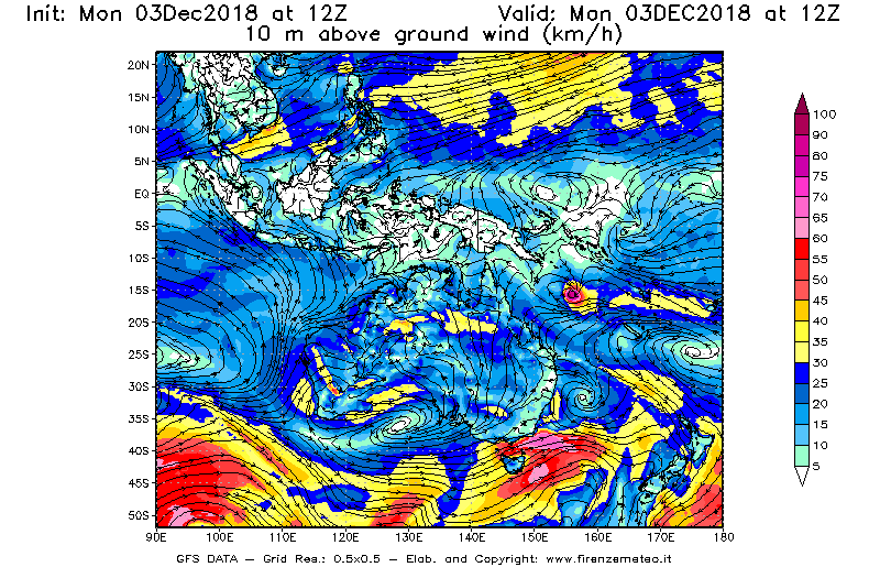 Mappa di analisi GFS - Velocità del vento a 10 metri dal suolo [km/h] in Oceania
							del 03/12/2018 12 <!--googleoff: index-->UTC<!--googleon: index-->