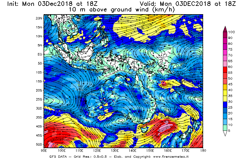 Mappa di analisi GFS - Velocità del vento a 10 metri dal suolo [km/h] in Oceania
							del 03/12/2018 18 <!--googleoff: index-->UTC<!--googleon: index-->
