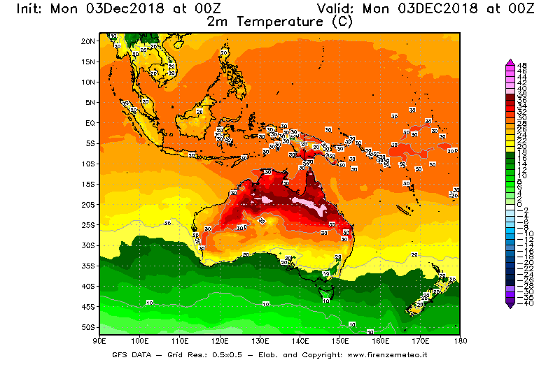 Mappa di analisi GFS - Temperatura a 2 metri dal suolo [°C] in Oceania
							del 03/12/2018 00 <!--googleoff: index-->UTC<!--googleon: index-->