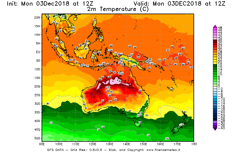 Mappa di analisi GFS - Temperatura a 2 metri dal suolo [°C] in Oceania
							del 03/12/2018 12 <!--googleoff: index-->UTC<!--googleon: index-->