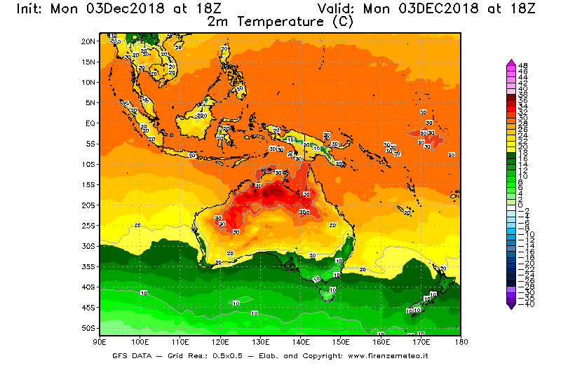 Mappa di analisi GFS - Temperatura a 2 metri dal suolo [°C] in Oceania
							del 03/12/2018 18 <!--googleoff: index-->UTC<!--googleon: index-->