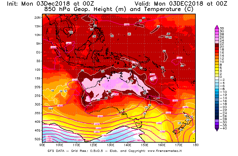 Mappa di analisi GFS - Geopotenziale [m] e Temperatura [°C] a 850 hPa in Oceania
							del 03/12/2018 00 <!--googleoff: index-->UTC<!--googleon: index-->
