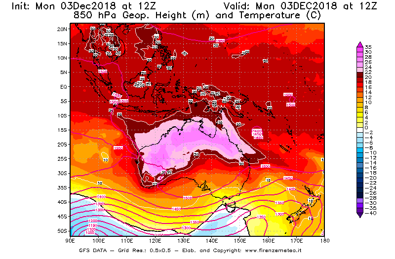 Mappa di analisi GFS - Geopotenziale [m] e Temperatura [°C] a 850 hPa in Oceania
							del 03/12/2018 12 <!--googleoff: index-->UTC<!--googleon: index-->