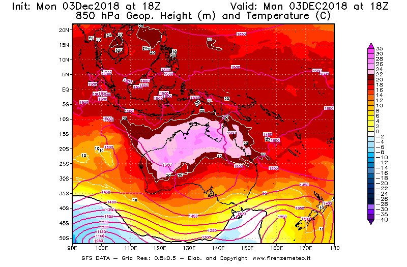 Mappa di analisi GFS - Geopotenziale [m] e Temperatura [°C] a 850 hPa in Oceania
							del 03/12/2018 18 <!--googleoff: index-->UTC<!--googleon: index-->