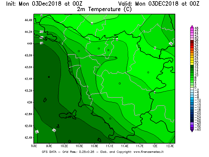 Mappa di analisi GFS - Temperatura a 2 metri dal suolo [°C] in Toscana
							del 03/12/2018 00 <!--googleoff: index-->UTC<!--googleon: index-->