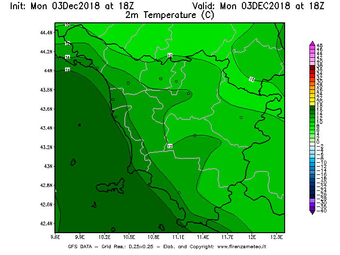 Mappa di analisi GFS - Temperatura a 2 metri dal suolo [°C] in Toscana
							del 03/12/2018 18 <!--googleoff: index-->UTC<!--googleon: index-->