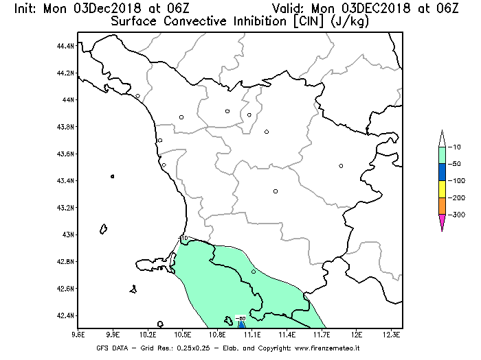 Mappa di analisi GFS - CIN [J/kg] in Toscana
							del 03/12/2018 06 <!--googleoff: index-->UTC<!--googleon: index-->