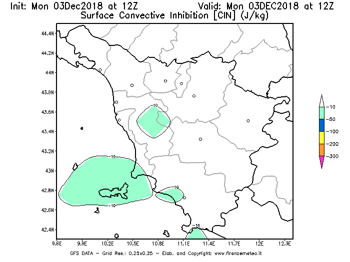 Mappa di analisi GFS - CIN [J/kg] in Toscana
							del 03/12/2018 12 <!--googleoff: index-->UTC<!--googleon: index-->