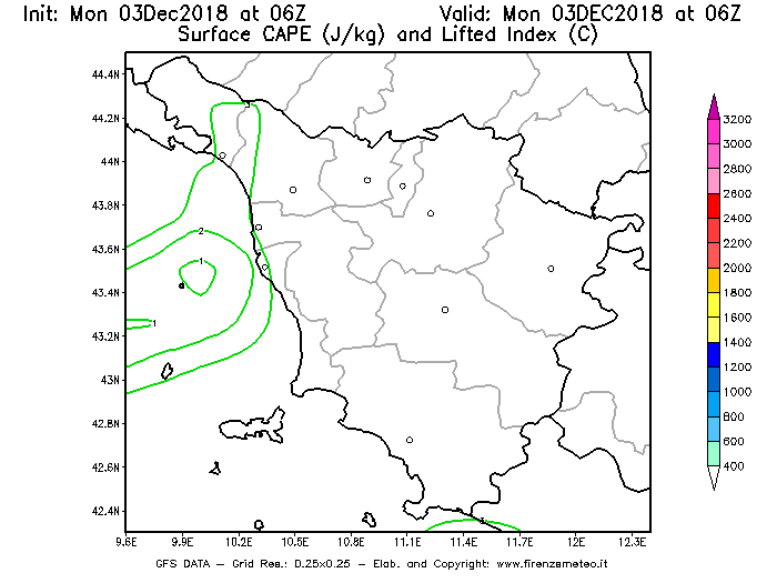 Mappa di analisi GFS - CAPE [J/kg] e Lifted Index [°C] in Toscana
							del 03/12/2018 06 <!--googleoff: index-->UTC<!--googleon: index-->