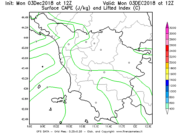Mappa di analisi GFS - CAPE [J/kg] e Lifted Index [°C] in Toscana
							del 03/12/2018 12 <!--googleoff: index-->UTC<!--googleon: index-->