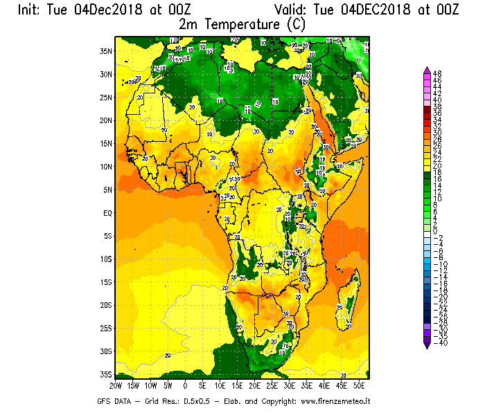 Mappa di analisi GFS - Temperatura a 2 metri dal suolo [°C] in Africa
							del 04/12/2018 00 <!--googleoff: index-->UTC<!--googleon: index-->