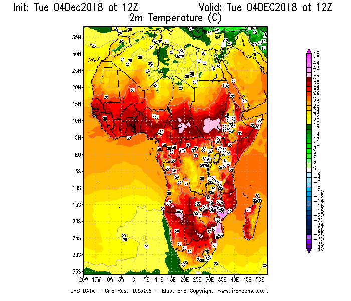 Mappa di analisi GFS - Temperatura a 2 metri dal suolo [°C] in Africa
							del 04/12/2018 12 <!--googleoff: index-->UTC<!--googleon: index-->