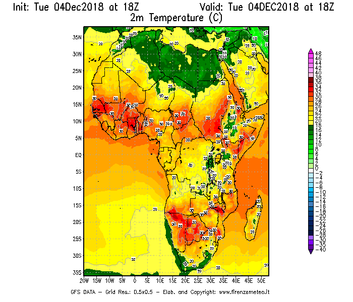 Mappa di analisi GFS - Temperatura a 2 metri dal suolo [°C] in Africa
							del 04/12/2018 18 <!--googleoff: index-->UTC<!--googleon: index-->