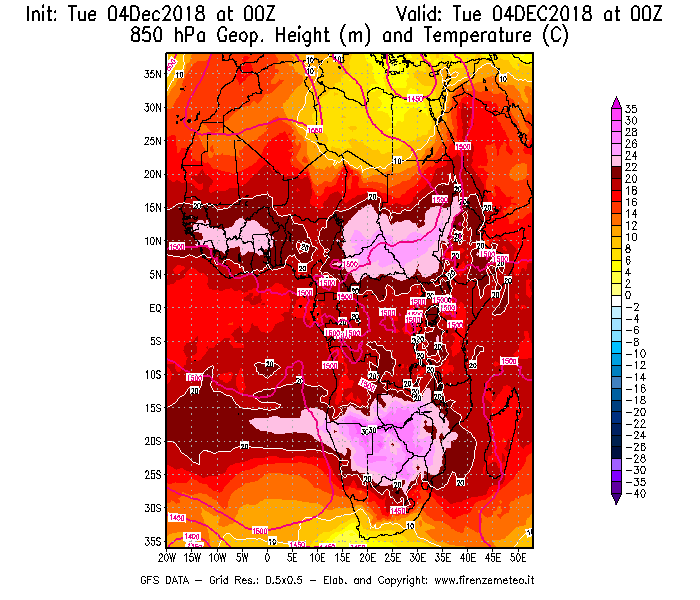 Mappa di analisi GFS - Geopotenziale [m] e Temperatura [°C] a 850 hPa in Africa
							del 04/12/2018 00 <!--googleoff: index-->UTC<!--googleon: index-->