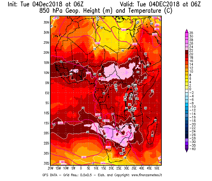 Mappa di analisi GFS - Geopotenziale [m] e Temperatura [°C] a 850 hPa in Africa
							del 04/12/2018 06 <!--googleoff: index-->UTC<!--googleon: index-->