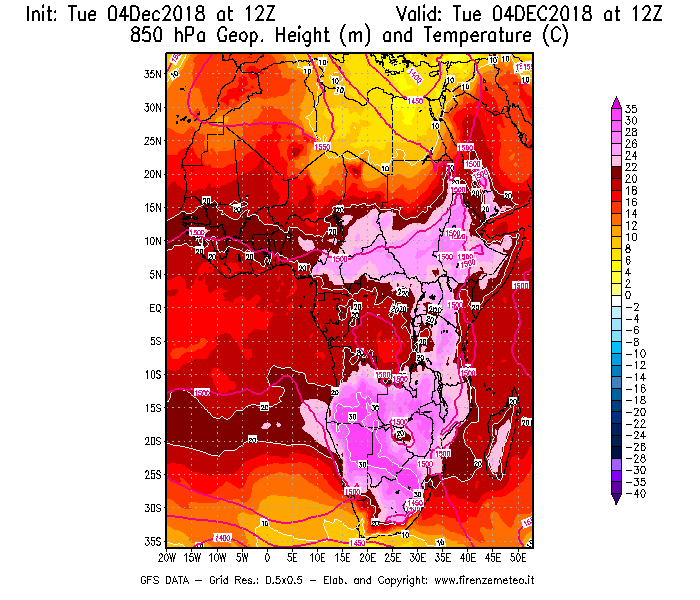 Mappa di analisi GFS - Geopotenziale [m] e Temperatura [°C] a 850 hPa in Africa
							del 04/12/2018 12 <!--googleoff: index-->UTC<!--googleon: index-->