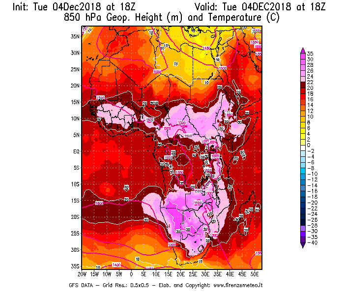 Mappa di analisi GFS - Geopotenziale [m] e Temperatura [°C] a 850 hPa in Africa
							del 04/12/2018 18 <!--googleoff: index-->UTC<!--googleon: index-->
