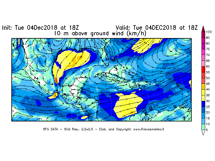 Mappa di analisi GFS - Velocità del vento a 10 metri dal suolo [km/h] in Centro-America
							del 04/12/2018 18 <!--googleoff: index-->UTC<!--googleon: index-->