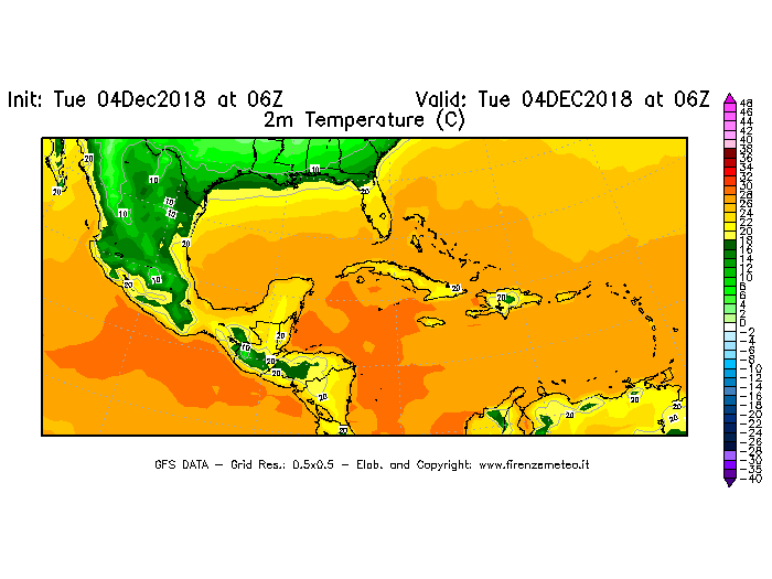 Mappa di analisi GFS - Temperatura a 2 metri dal suolo [°C] in Centro-America
							del 04/12/2018 06 <!--googleoff: index-->UTC<!--googleon: index-->