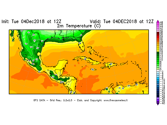 Mappa di analisi GFS - Temperatura a 2 metri dal suolo [°C] in Centro-America
							del 04/12/2018 12 <!--googleoff: index-->UTC<!--googleon: index-->