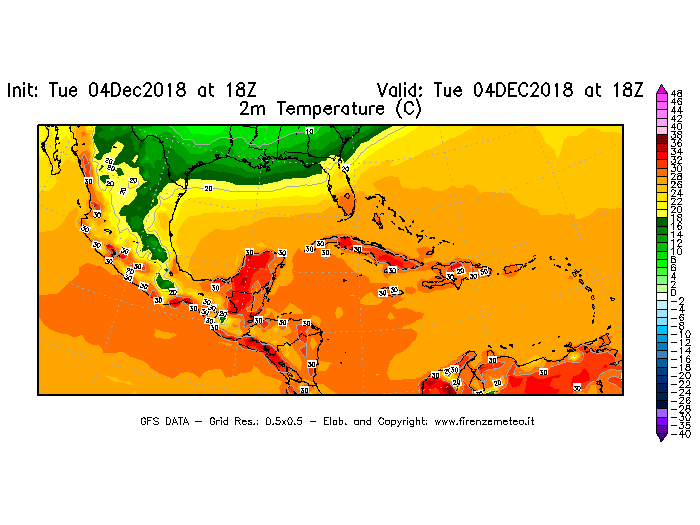Mappa di analisi GFS - Temperatura a 2 metri dal suolo [°C] in Centro-America
							del 04/12/2018 18 <!--googleoff: index-->UTC<!--googleon: index-->