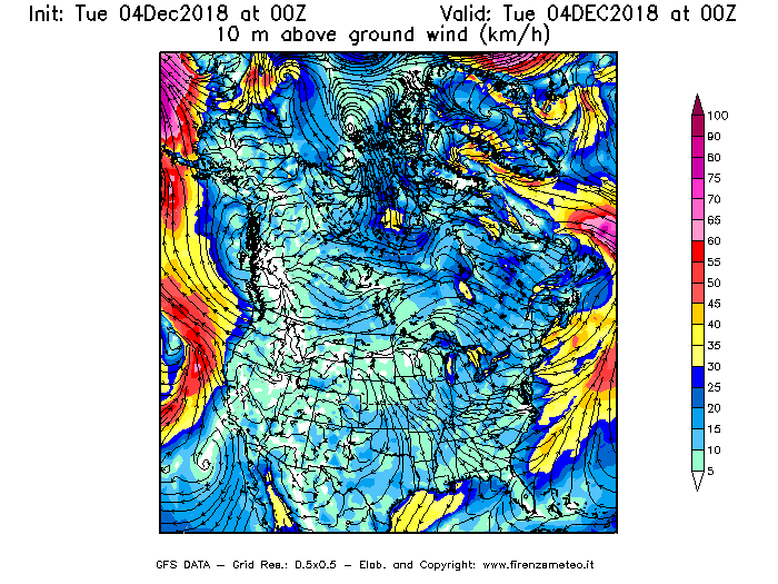 Mappa di analisi GFS - Velocità del vento a 10 metri dal suolo [km/h] in Nord-America
							del 04/12/2018 00 <!--googleoff: index-->UTC<!--googleon: index-->