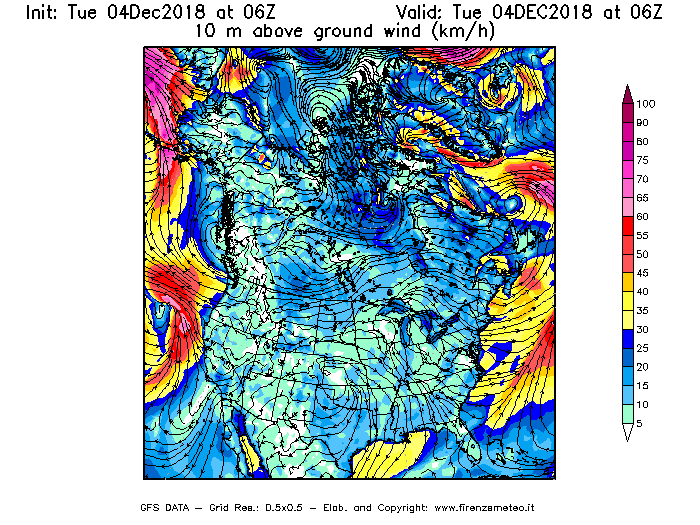 Mappa di analisi GFS - Velocità del vento a 10 metri dal suolo [km/h] in Nord-America
							del 04/12/2018 06 <!--googleoff: index-->UTC<!--googleon: index-->