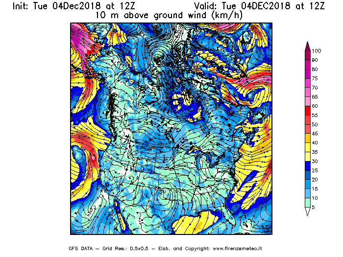 Mappa di analisi GFS - Velocità del vento a 10 metri dal suolo [km/h] in Nord-America
							del 04/12/2018 12 <!--googleoff: index-->UTC<!--googleon: index-->