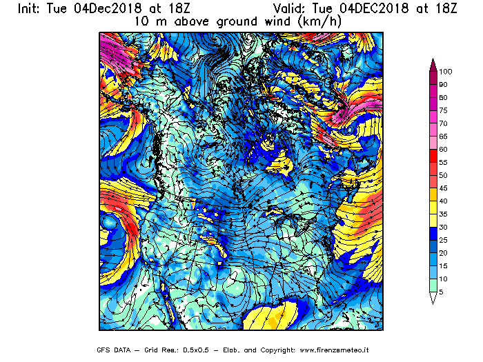 Mappa di analisi GFS - Velocità del vento a 10 metri dal suolo [km/h] in Nord-America
							del 04/12/2018 18 <!--googleoff: index-->UTC<!--googleon: index-->