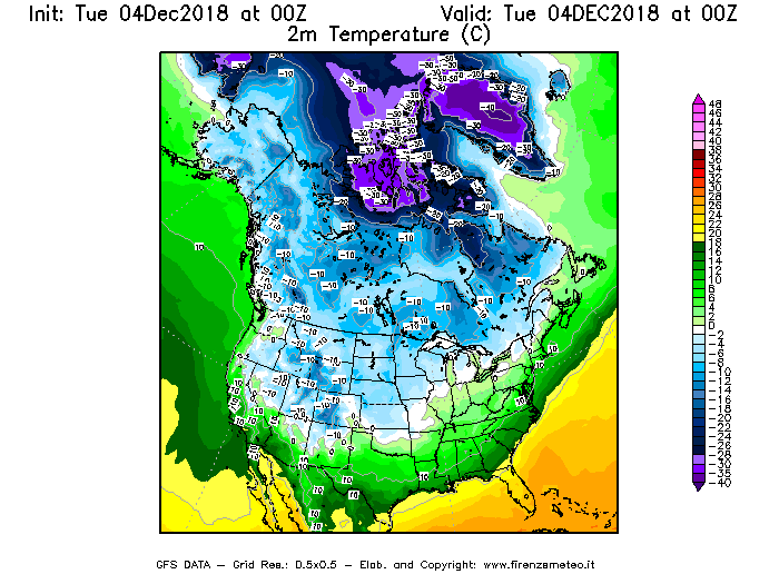 Mappa di analisi GFS - Temperatura a 2 metri dal suolo [°C] in Nord-America
							del 04/12/2018 00 <!--googleoff: index-->UTC<!--googleon: index-->