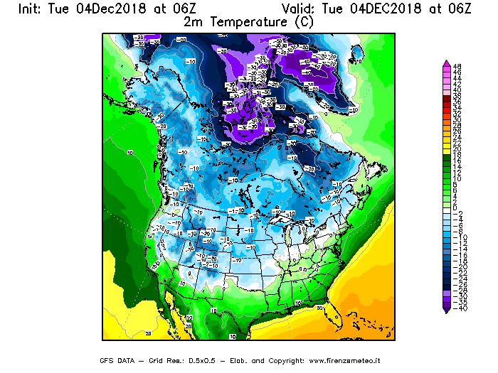 Mappa di analisi GFS - Temperatura a 2 metri dal suolo [°C] in Nord-America
							del 04/12/2018 06 <!--googleoff: index-->UTC<!--googleon: index-->