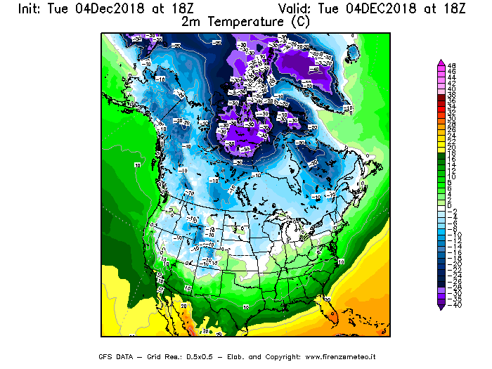 Mappa di analisi GFS - Temperatura a 2 metri dal suolo [°C] in Nord-America
							del 04/12/2018 18 <!--googleoff: index-->UTC<!--googleon: index-->