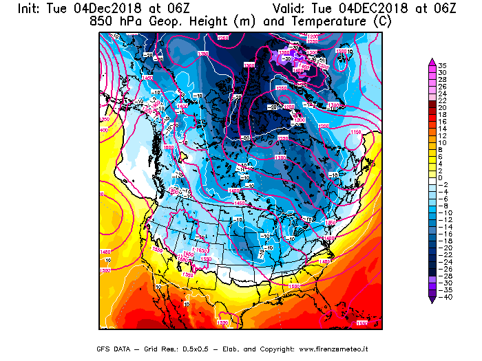 Mappa di analisi GFS - Geopotenziale [m] e Temperatura [°C] a 850 hPa in Nord-America
							del 04/12/2018 06 <!--googleoff: index-->UTC<!--googleon: index-->