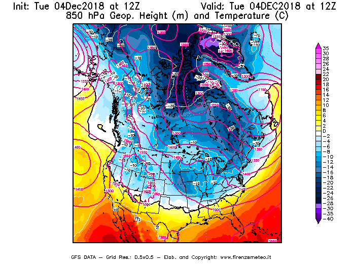 Mappa di analisi GFS - Geopotenziale [m] e Temperatura [°C] a 850 hPa in Nord-America
							del 04/12/2018 12 <!--googleoff: index-->UTC<!--googleon: index-->