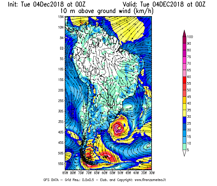 Mappa di analisi GFS - Velocità del vento a 10 metri dal suolo [km/h] in Sud-America
							del 04/12/2018 00 <!--googleoff: index-->UTC<!--googleon: index-->