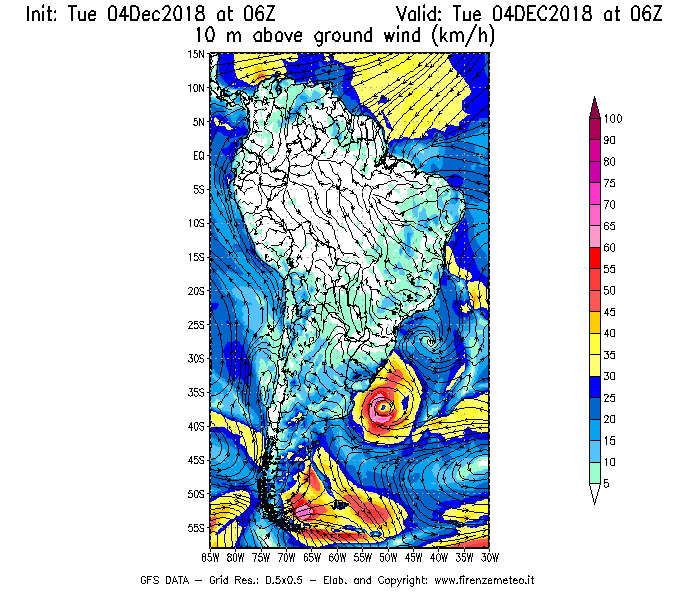 Mappa di analisi GFS - Velocità del vento a 10 metri dal suolo [km/h] in Sud-America
							del 04/12/2018 06 <!--googleoff: index-->UTC<!--googleon: index-->