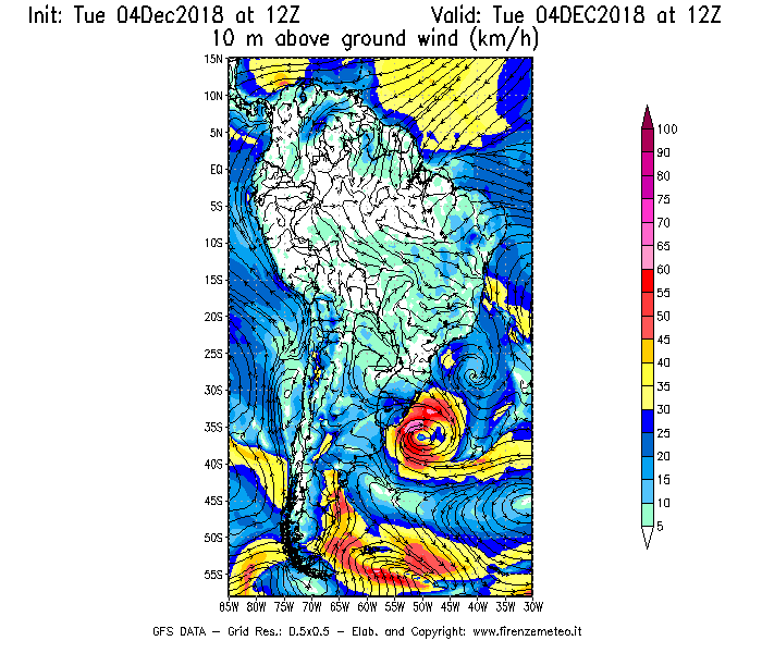 Mappa di analisi GFS - Velocità del vento a 10 metri dal suolo [km/h] in Sud-America
							del 04/12/2018 12 <!--googleoff: index-->UTC<!--googleon: index-->
