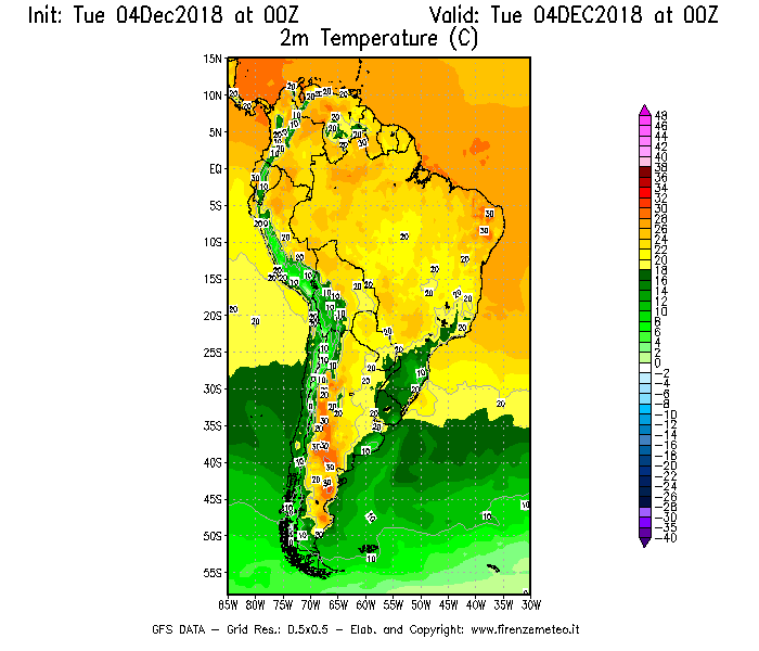 Mappa di analisi GFS - Temperatura a 2 metri dal suolo [°C] in Sud-America
							del 04/12/2018 00 <!--googleoff: index-->UTC<!--googleon: index-->